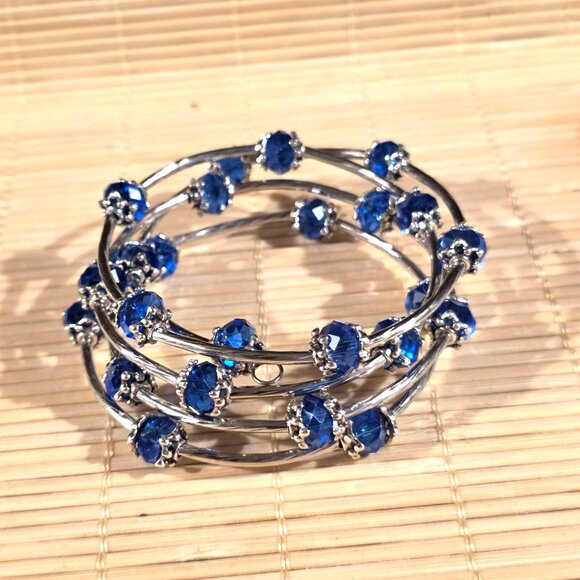 Silver Tone Crystal Wrap Bracelet With Blue Faceted Beads & Filigree Details - Picture 1 of 7